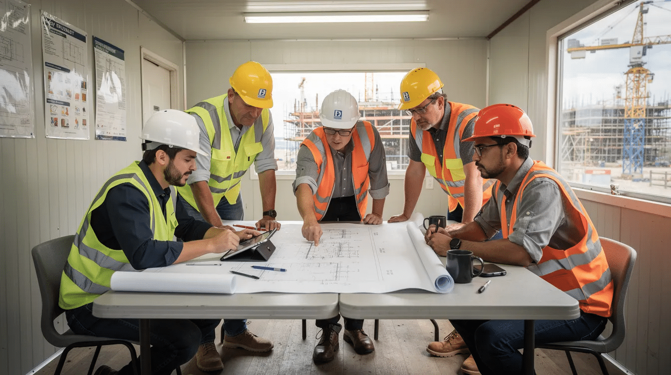 A construction team, including project managers and construction workers, is gathered around a table inside a jobsite trailer, reviewing plans for their current construction projects. They are utilizing digital tools and modern construction technology to optimize resource allocation and improve project planning.