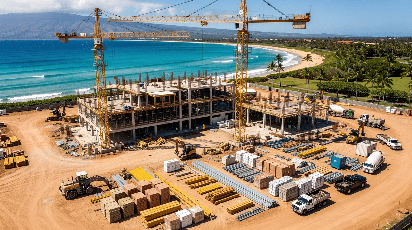 An aerial view of a construction site along the Hawaiian coastline showcases cranes and various building materials, highlighting the modern construction processes and technologies employed by construction companies. The scene reflects the dynamic nature of the construction industry, where project teams work to execute construction projects efficiently while ensuring worker safety.