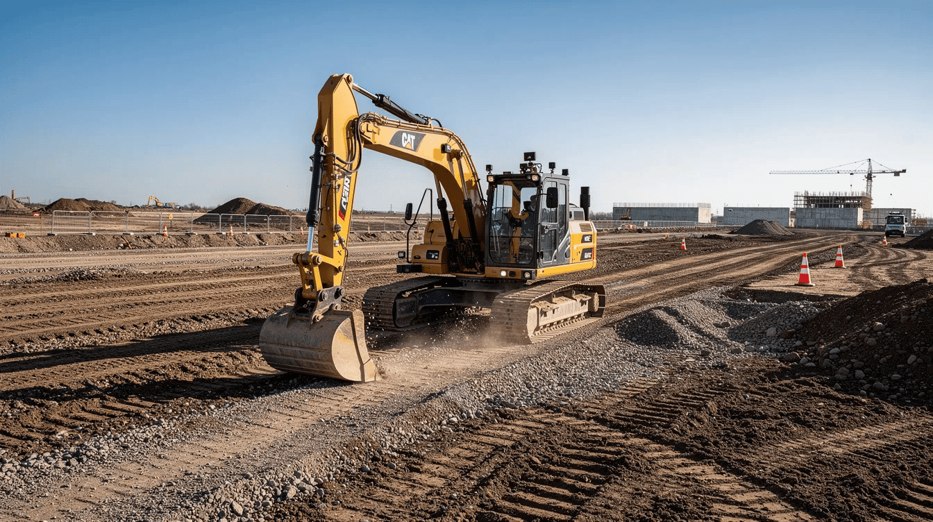An autonomous excavator operates efficiently on a large open construction site under clear skies, showcasing advanced technology in the construction industry. This intelligent machine enhances productivity and safety by automating trenching operations and material handling tasks, addressing labor shortages in construction projects.