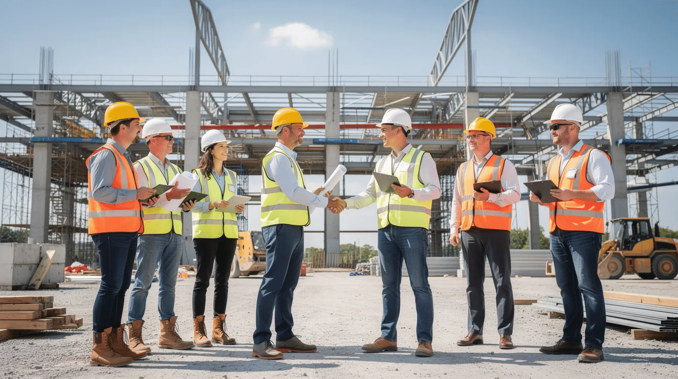 Two construction professionals are shaking hands at a job site, with a partially built industrial facility and a clear blue sky in the background. This scene represents the collaboration and commitment of skilled trade workers as part of the initiative to build America's future and strengthen the United States labor market.