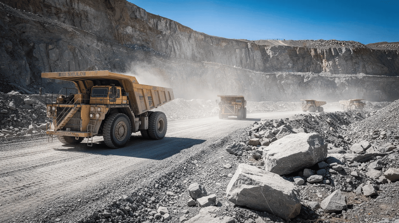 The image depicts large autonomous haul trucks operating in a rocky quarry, efficiently handling materials under bright sunlight. These intelligent machines exemplify advanced technology in the construction industry, transforming construction operations and enhancing productivity on job sites.