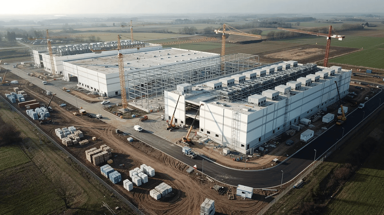 An aerial view of a large, modern data center campus under construction showcases cranes and partially completed buildings set against a backdrop of open land. This development represents a significant investment in America's workforce, highlighting the need for skilled trade workers to support the growing demands of the technology industry.