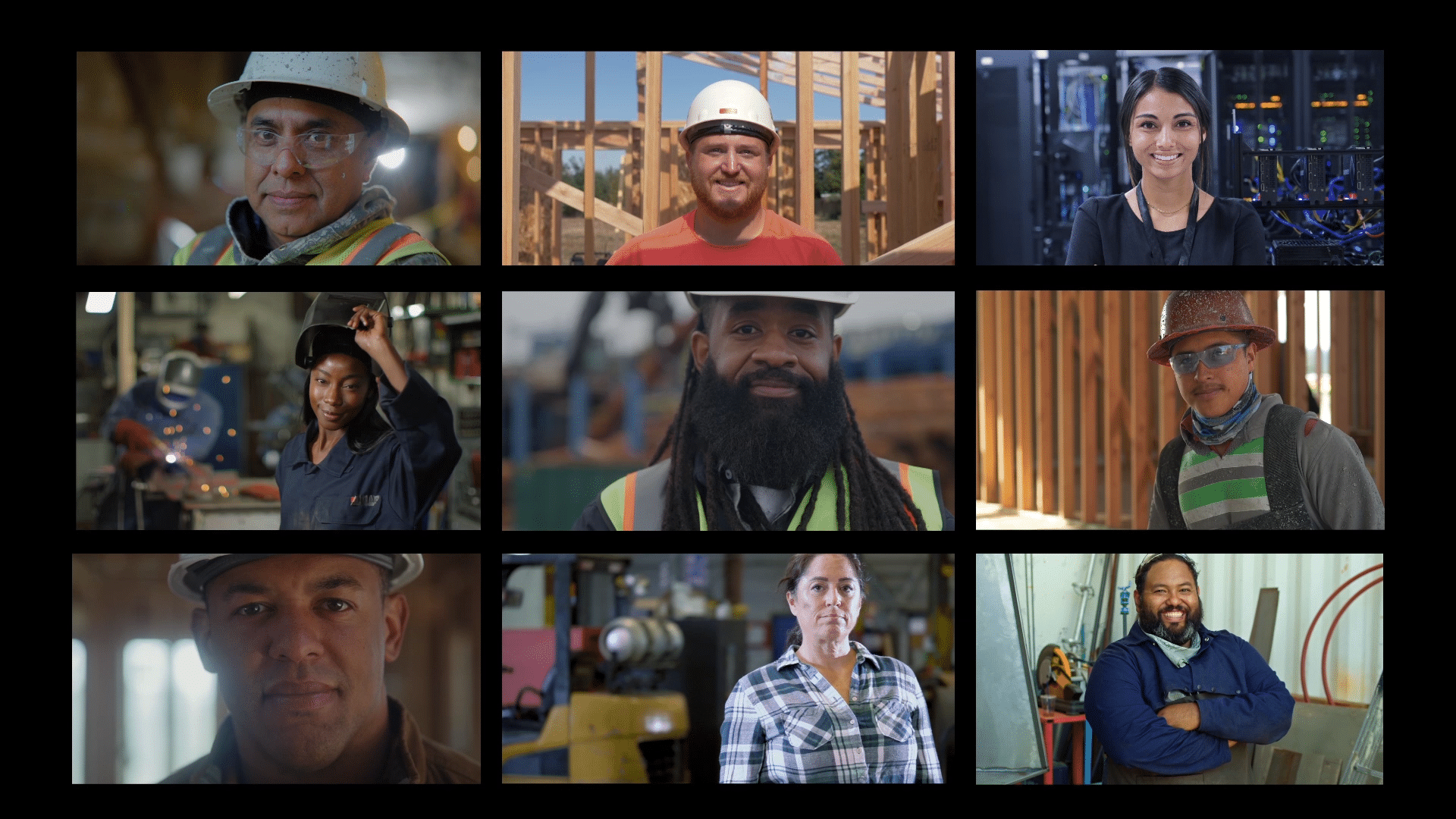 A diverse group of skilled tradespeople, including a woman in a hard hat and a military veteran in work gear, stand confidently at a large construction project, symbolizing the incredible workforce needed to build America's future. This image highlights the importance of launching America's Workforce Academy to create accessible pathways for family-supporting careers in the skilled trades.